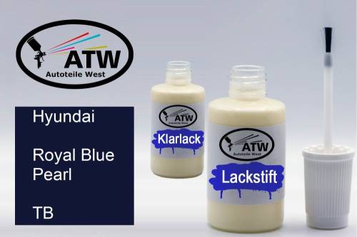 Hyundai, Royal Blue Pearl, TB: 20ml Lackstift + 20ml Klarlack - Set, von ATW Autoteile West.